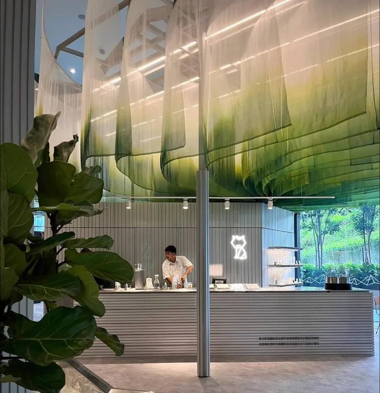 ceiling decoration, fabric drapery, semi-transparent fabric panels for modern cafes, boutique spaces and luxury interiors suppy in selangor malaysia