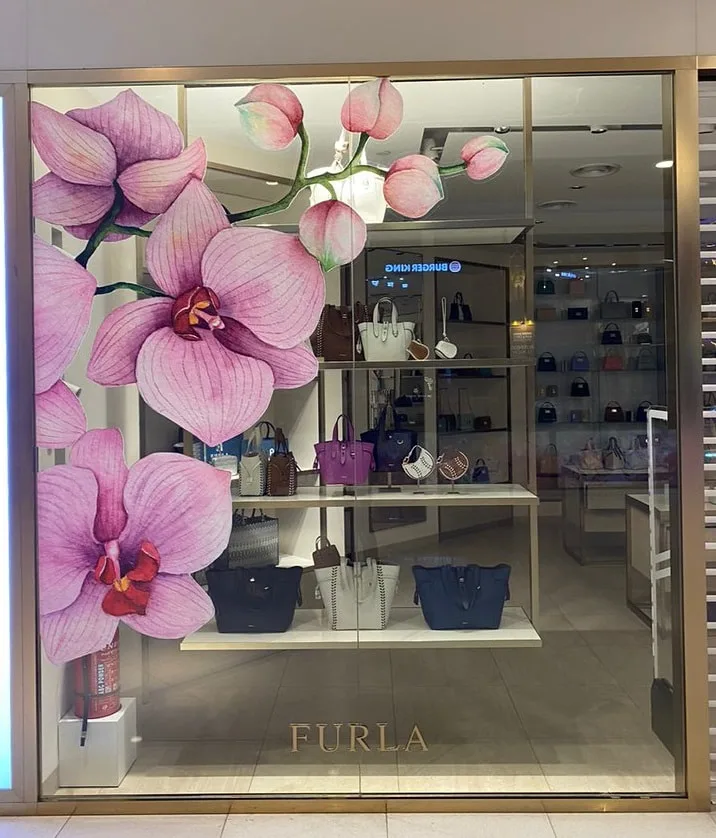 Floral Glass Sticker Printing & Installation in sunway pyramid mall , trx mall, velocity mall retail glass sticker printing installation KL Malaysia