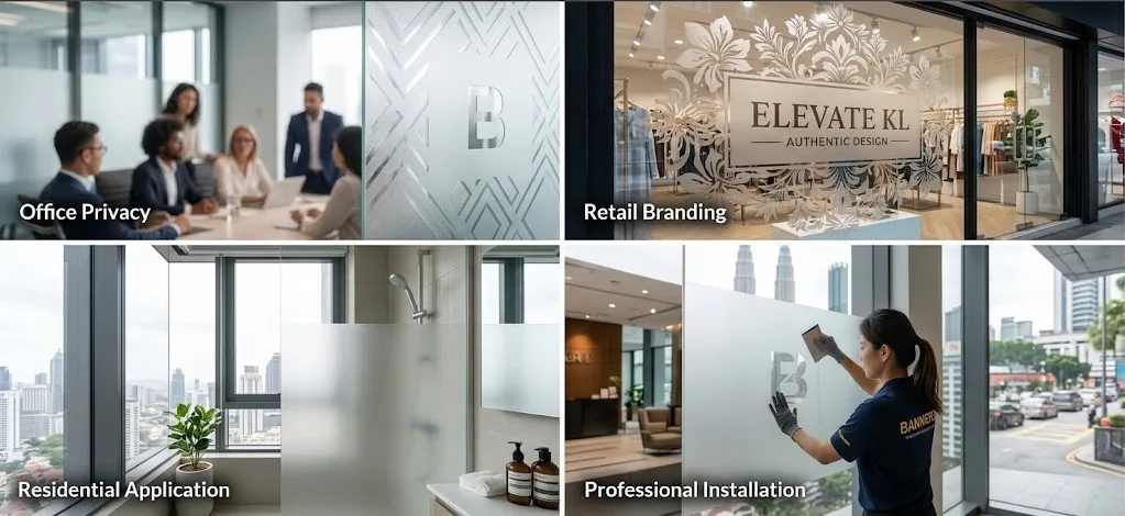Frosted glass sticker applications across Kuala Lumpur, showcasing office privacy, retail store branding, residential window design, and professional installation.